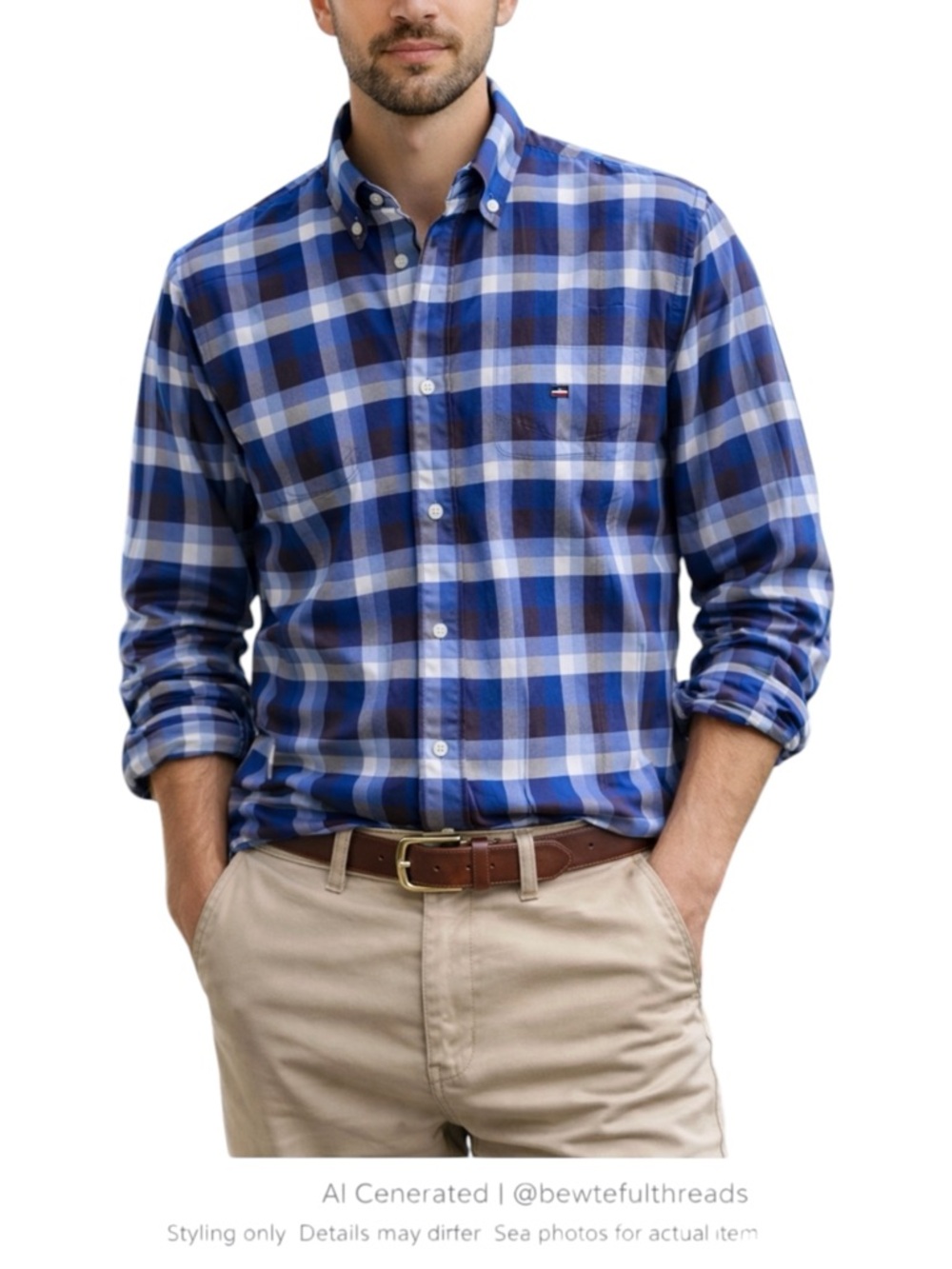 Blue Plaid Button Down Shirt Preppy Dadcore Classic Casual L